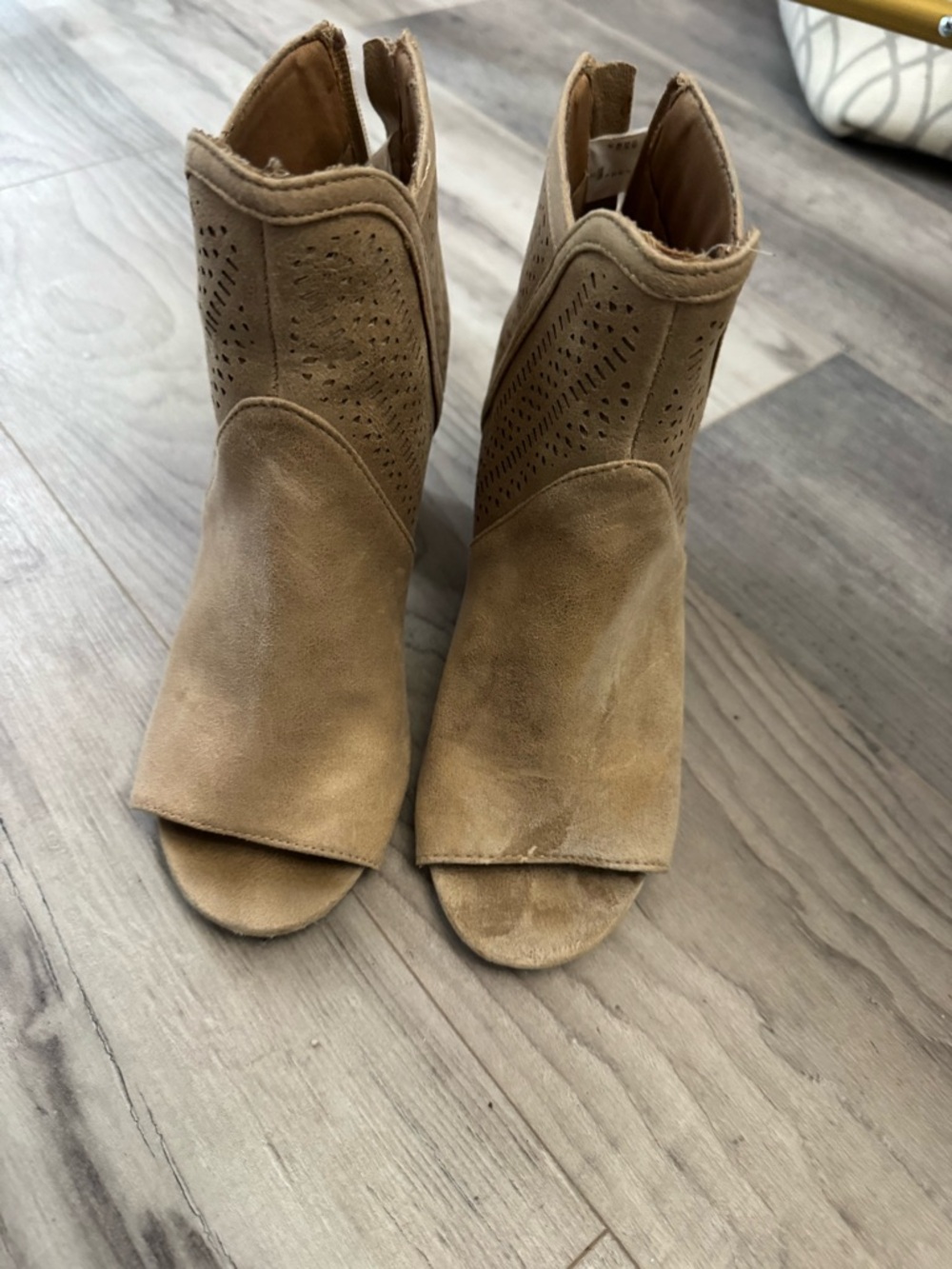 Report Tan Suede Peep-Toe Laser-Cut Ankle Mules